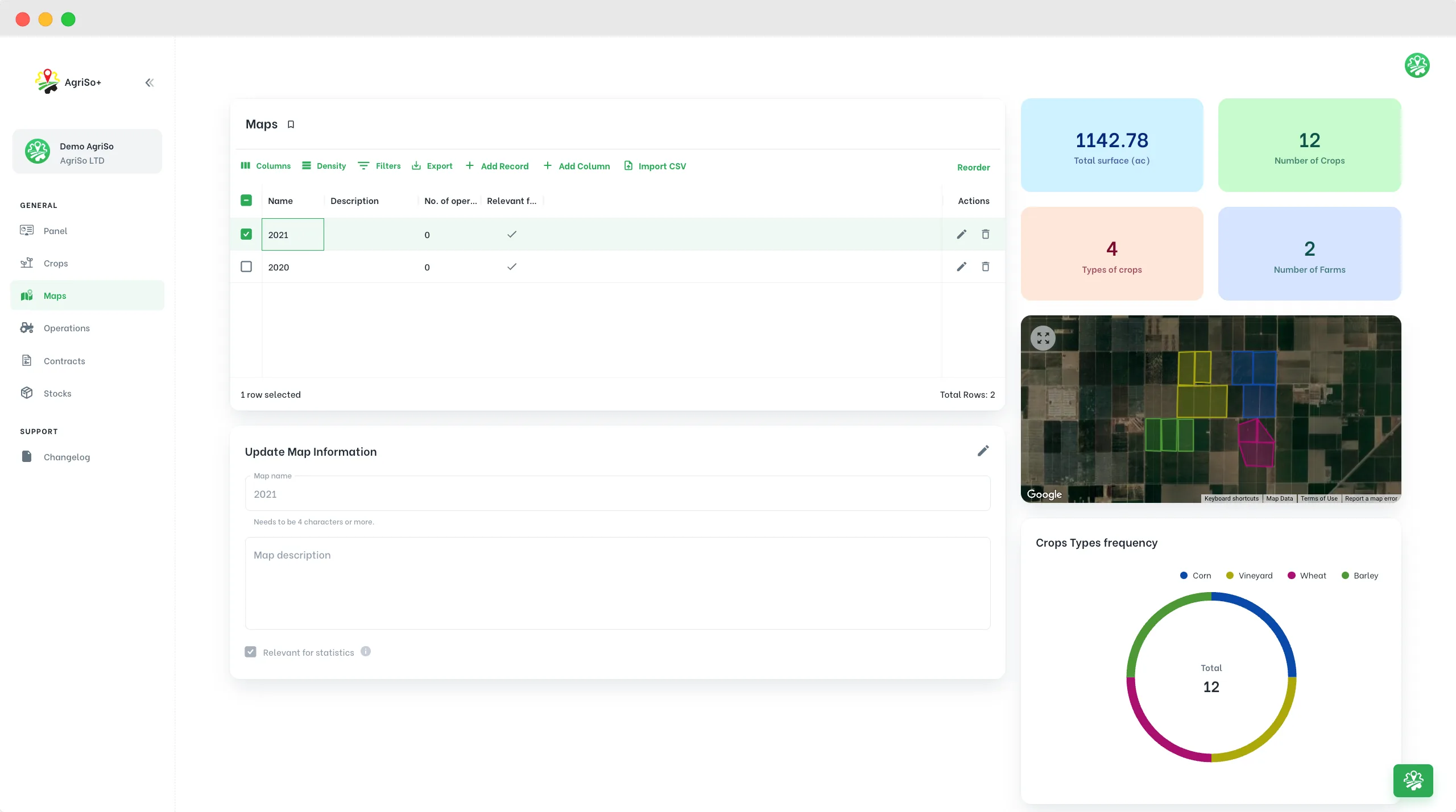 Panoul de control al software-ului de management agricol AgriSo